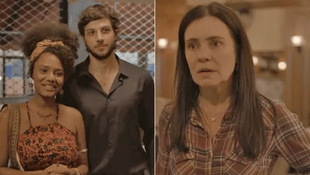 Camila, Danilo e Thelma em cena da novela Amor de Mãe - Foto: Reprodução