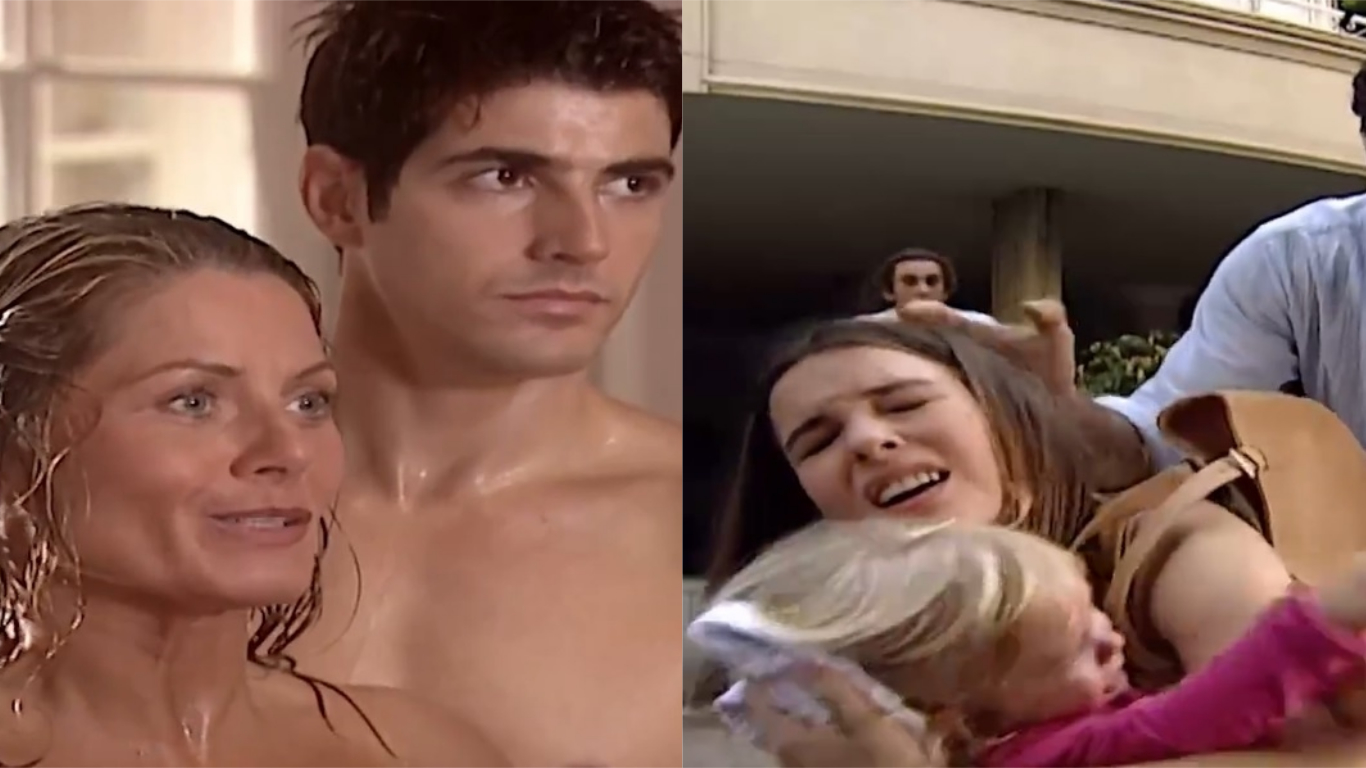 Clara surta ao flagrar Helena e Edu saindo do banho e é atropelada com a filha