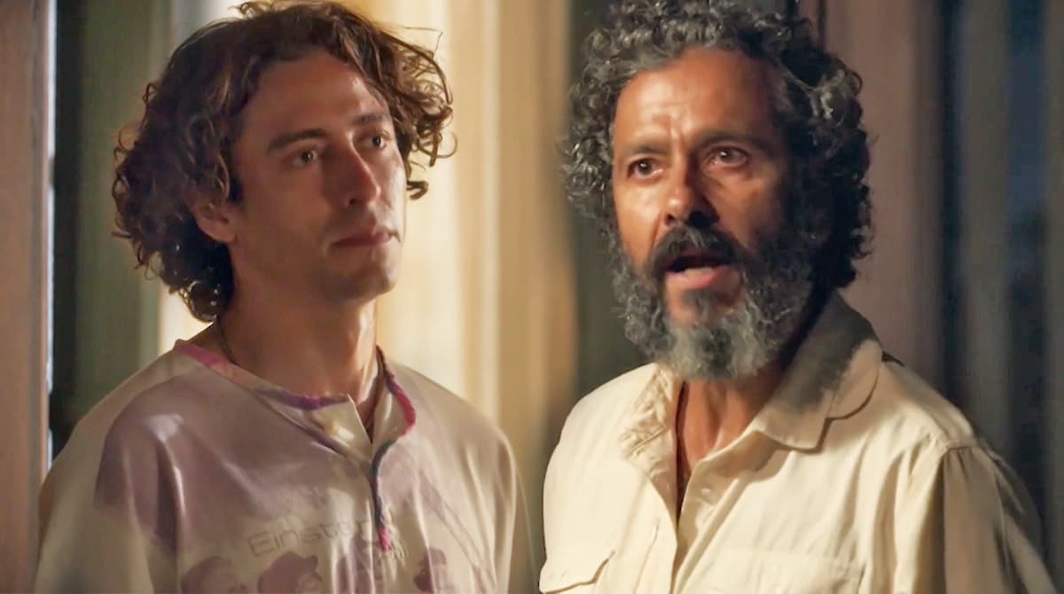 Montagem com Jove (Jesuíta Barbosa) e José Leôncio (Marcos Palmeira) na segunda fase da novela Pantanal