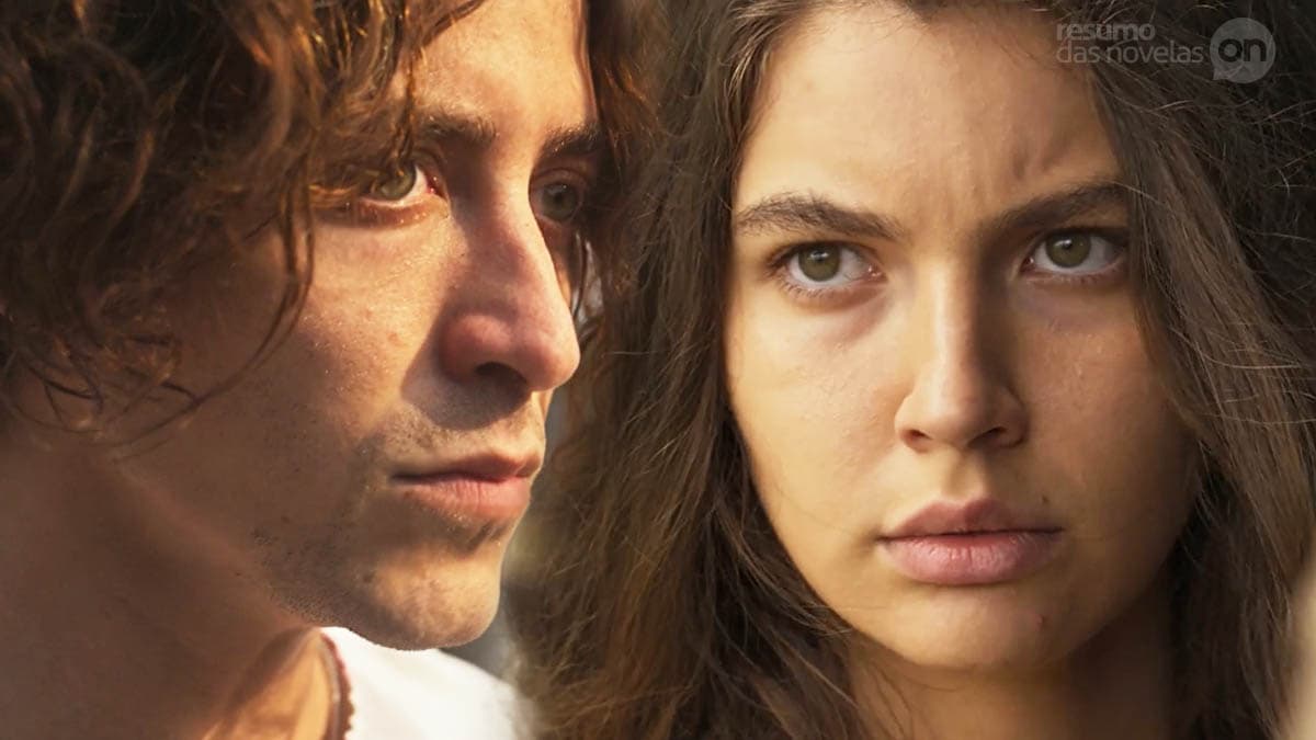 Montagem com os rostos de Jove (Jesuíta Barbosa) e Juma (Alanis Guillen) na novela Pantanal