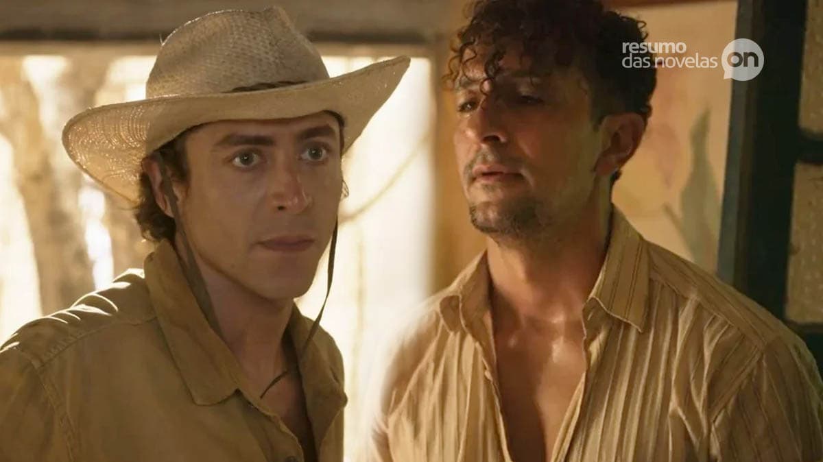 Montagem com Jove encarando Zé Lucas na novela Pantanal