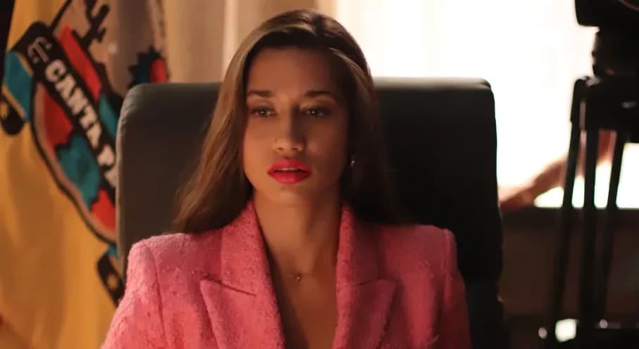 Prefeita Jessilane, personagem de Giovanna Figueiredo, vestindo um blazer rosa e sentada em seu gabinete na prefeitura de Canta Pedra