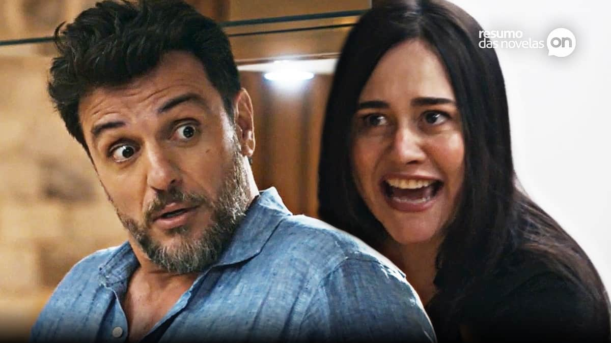 Moretti, à esquerda, com olhar de espanto; Guida, à direita, com olhar desafiador na novela Mar do Sertão