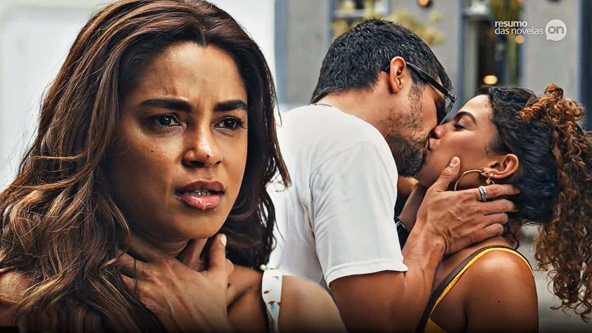 Em cena da novela Travessia, Brisa aparece segurando o pescoço, aflita diante de Oto e Bia se beijando.