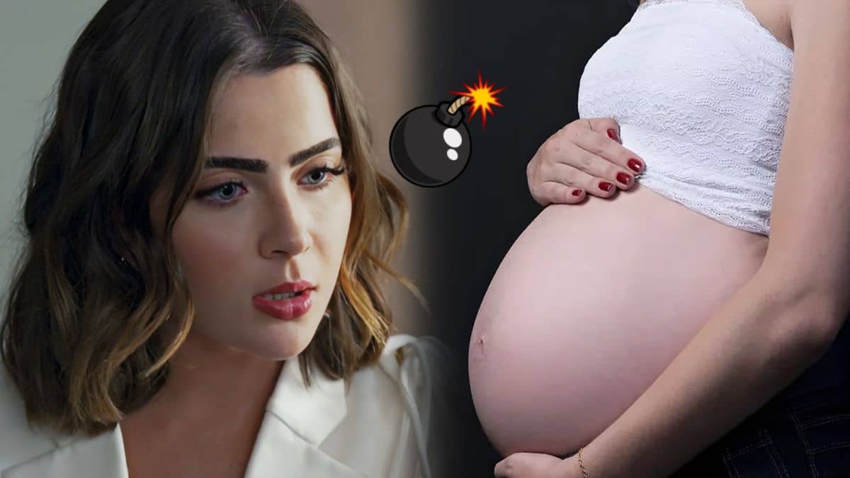 Chiara, à esquerda, olhando com surpresa para uma barriga de grávida, à direita, na novela Travessia.