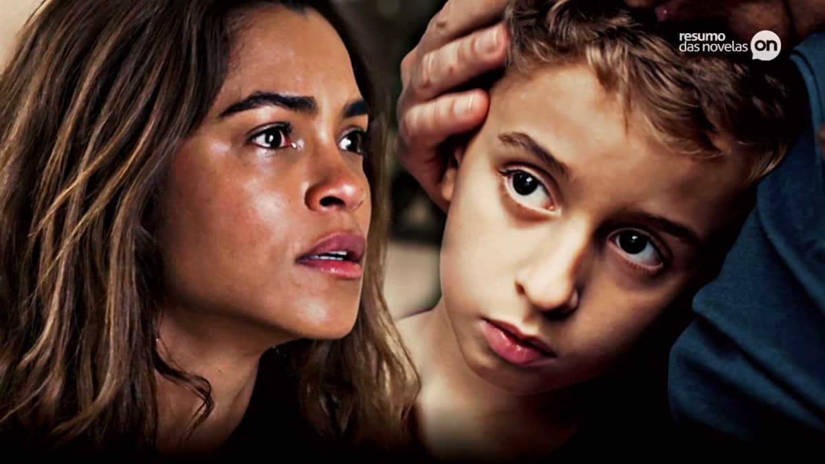 Brisa, à esquerda, olhando assustada para Tonho na novela Travessia