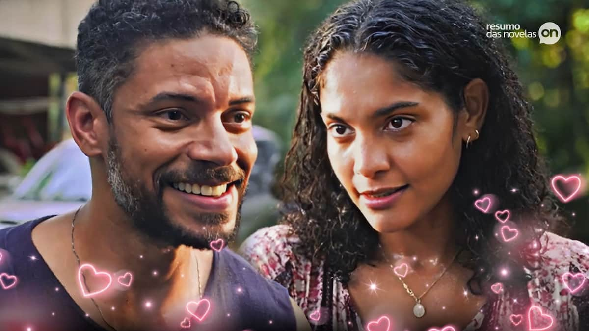 Jonatas e Aline se olhando apaixonadamente em Terra e Paixão.