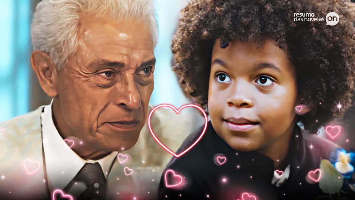 Leonel e Marcelino se olhando. Ao redor dos dois tem vários corações, simbolizando o amor de avô e neto na novela Amor Perfeito