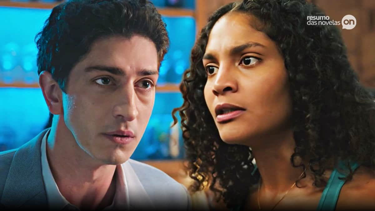 Daniel e Aline se olhando em cena da novela Terra e Paixão.