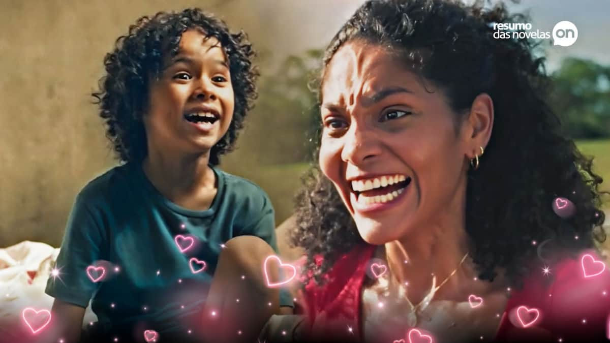 Aline e João sorrindo um para o outro em cenas da novela Terra e Paixão.