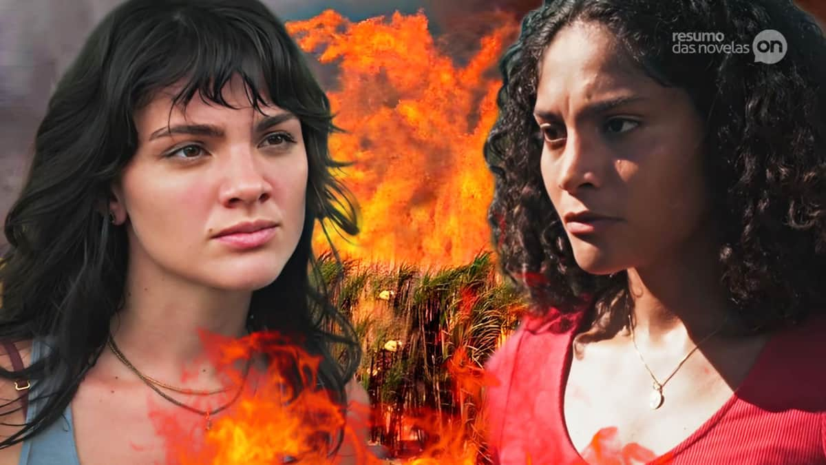 Petra encarando Aline diante de um incêndio em plantação na novela Terra e Paixão.