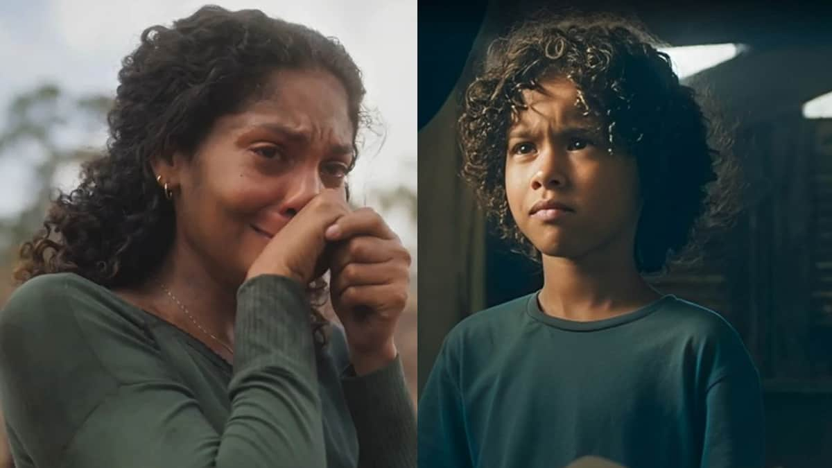 Aline chorando (à esquerda) e João (à direita) em Terra e Paixão.