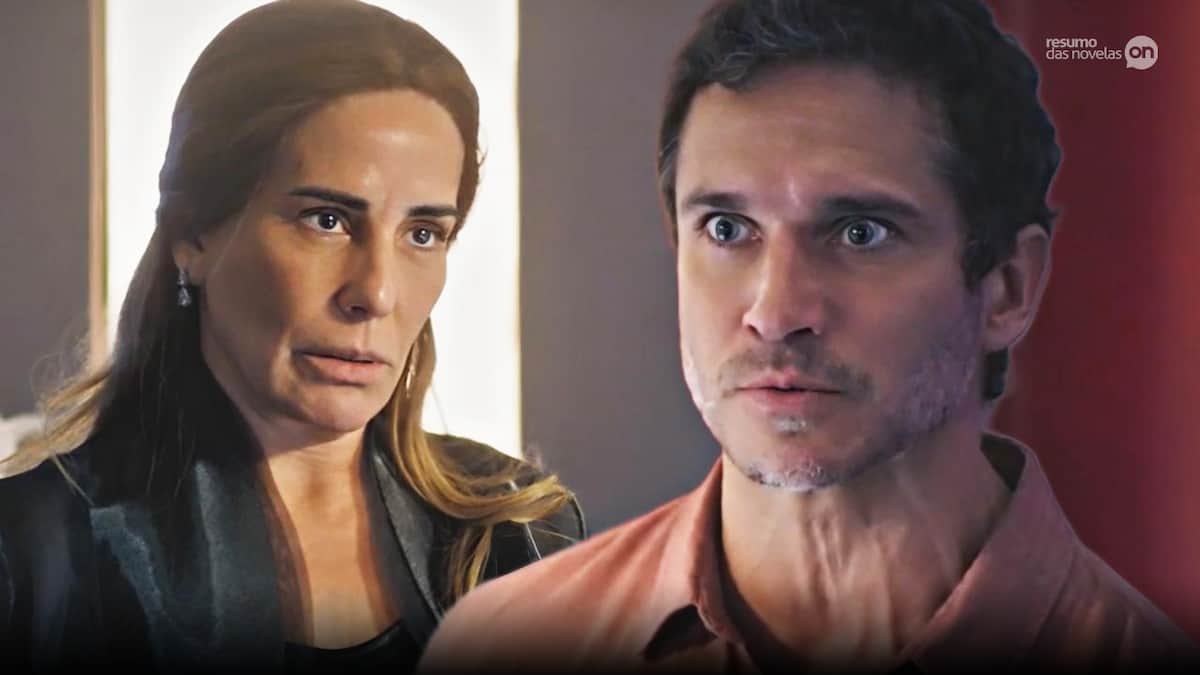 Irene olhando para Vinícius em cena da novela Terra e Paixão.