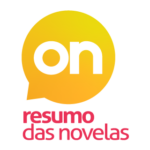 Logo do site Resumo das Novelas Online. Na imagem consta um balão de comentário na cor amarela, com o texto "on" na cor branca. Abaixo tem "resumo das novelas" na cor rosa.