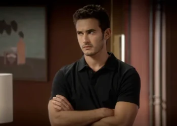 Giovanni, personagem de Filipe Bragança, usando uma camisa polo preta, com os braços cruzados, em Elas Por Elas.