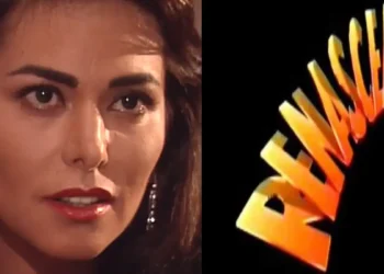 Leila Lopes (à esquerda); logo da primeira versão de Renascer à direita.