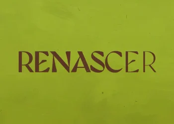 Logo do remake da novela Renascer. O fundo é na cor verde claro, com o nome da novela em marrom.