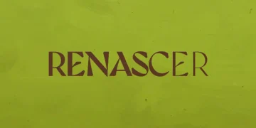 Logo do remake da novela Renascer. O fundo é na cor verde claro, com o nome da novela em marrom.