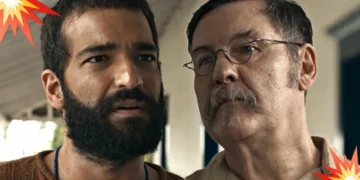 Zé Inocêncio encarando Belarmino, em cena da novela Renascer.