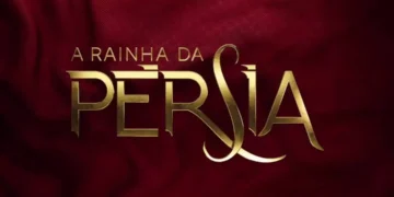Logo da novela "A Rainha da Pérsia". Fundo com textura de tecido, na cor vinho, com destaque para "Pérsia", com as letras douradas.