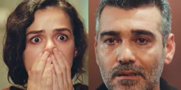 Bahar assustada (à esquerda) e Sarp com olhar de emoção (à direita) em Força de Mulher.