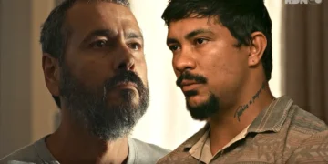 José Inocêncio (à esquerda) encarando Damião (à direita) em cena de Renascer.