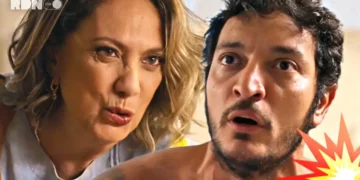 Berta, com olhar desafiador, perante Guga, que aparece assustado em Mania de Você.