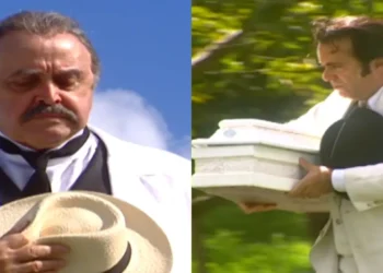 Em cena de arrancar lágrimas, Boanerges carrega nos braços o caixão de seu filho morto até o cemitério, e até Justino fica abalado