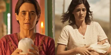 Tia Salete na cena em que relembra sua gravidez na novela No Rancho Fundo.