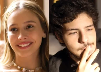 Bruna sorrindo (à esquerda); Tomás preocupado (à direita) - Mania de Você.
