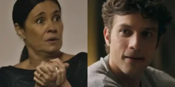 Mércia (Adriana Esteves) e Mavi (Chay Suede) em Mania de Você (Foto: Reprodução/TV Globo)