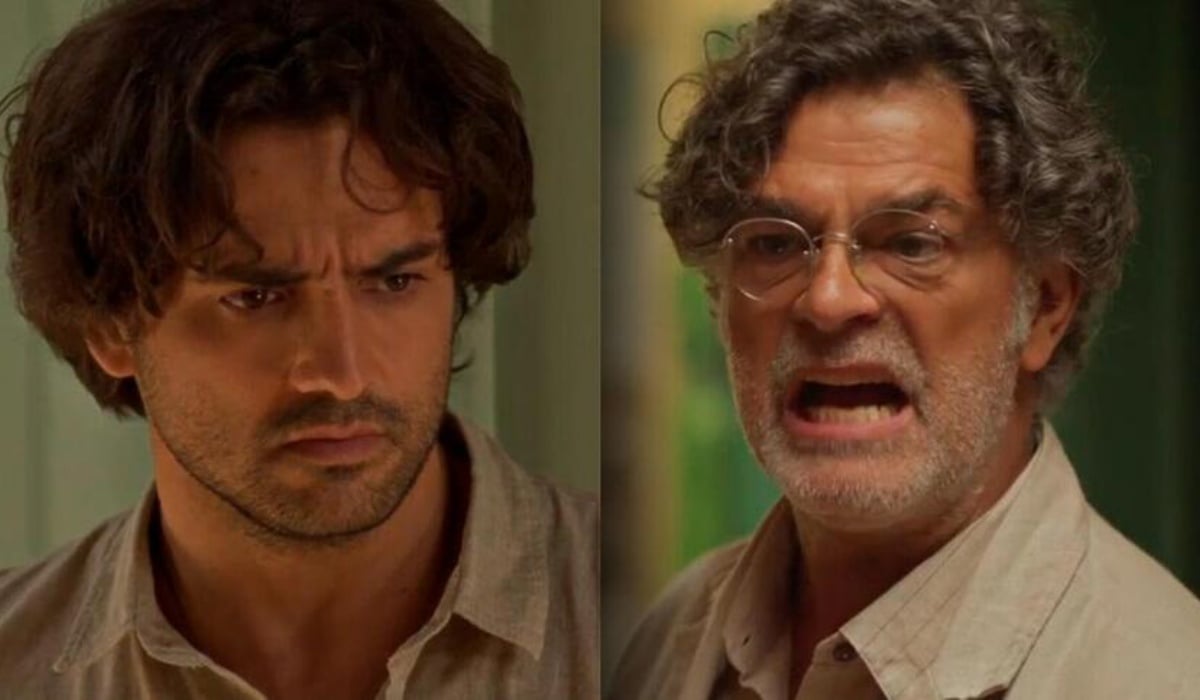 Artur (Túlio Starling) e Ariosto (Eduardo Moscovis) em No Rancho Fundo (Foto: Reprodução/TV Globo)