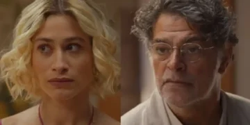 Blandina (Luisa Arraes) e Ariosto (Eduardo Moscovis) em No Rancho Fundo (Foto: Reprodução/TV Globo)
