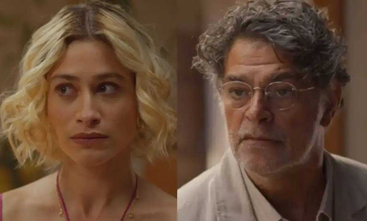 Blandina (Luisa Arraes) e Ariosto (Eduardo Moscovis) em No Rancho Fundo (Foto: Reprodução/TV Globo)