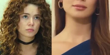 Sirin com os cabelos cacheados (à esquerda), e com o cabelo liso (à direita), em Força de Mulher.