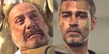 A imagem mostra Suat (à esquerda) com expressão de medo e dor, com a mão de Sarp (à direita) segurando o seu pescoço. À direita, Sarp aparece com o rosto sujo de terra, que se mistura com suor, destacando um ar de exaustão e tristeza.