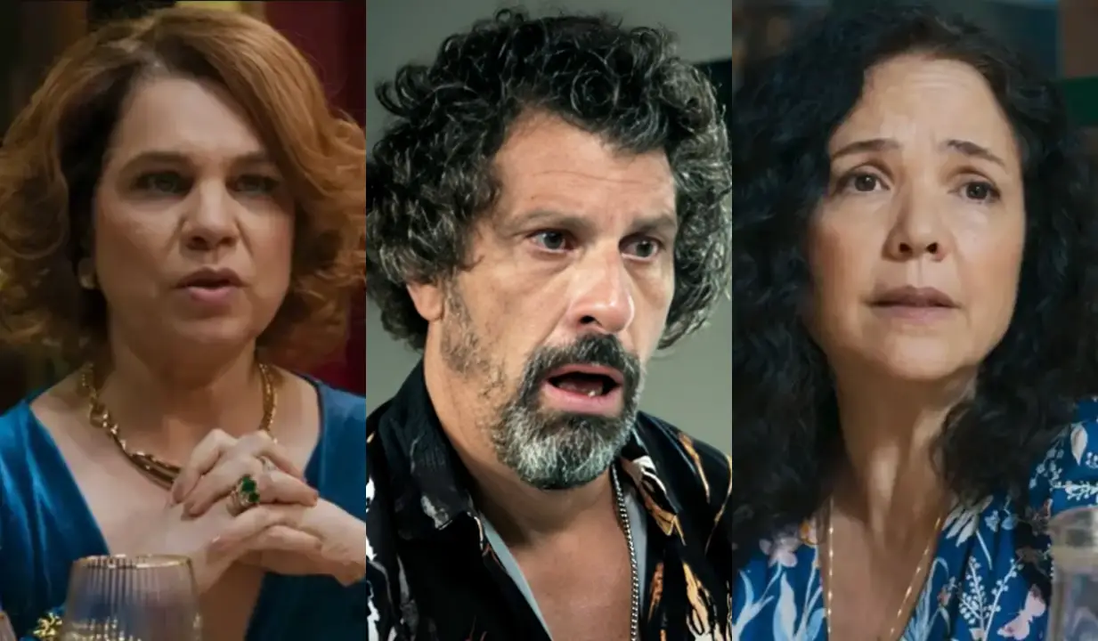 Violeta (Isabel Teixeira), Osmar (Milhem Cortaz) e Doralice (Tereza Seiblitz) em Volta por Cima (Foto: Reprodução/TV Globo)