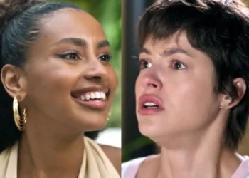 Viola sorrindo (à esquerda) e Luma assustada (à direita) em Mania de Você.