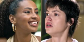 Viola sorrindo (à esquerda) e Luma assustada (à direita) em Mania de Você.