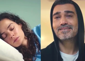Bahar dormindo (à esquerda) e Sarp a observando emocionado (à direita) em Força de Mulher.