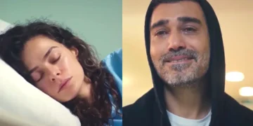 Bahar dormindo (à esquerda) e Sarp a observando emocionado (à direita) em Força de Mulher.