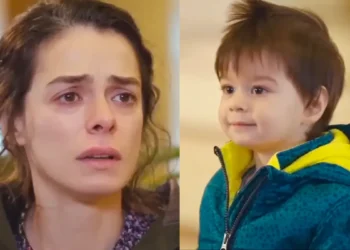 Bahar (à esquerda) e um dos filhos gêmeos de Sarp e Piril (à direita) em Força de Mulher.