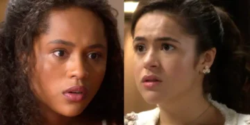 Beatriz (à esquerda) com olhar de surpresa; Bia (à direita) com expressão de susto, em Garota do Momento.