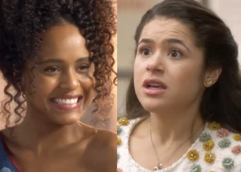 Beatriz sorrindo (à esquerda) e Bia assustada (à direita) em Garota do Momento.