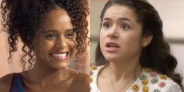 Beatriz sorrindo (à esquerda) e Bia assustada (à direita) em Garota do Momento.