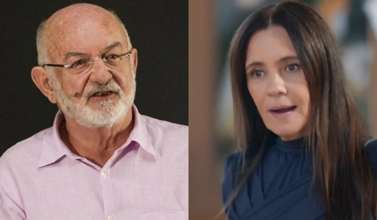 O autor Silvio de Abreu e Adriana Esteves (Mércia) em Mania de Você (Foto: João Cotta/Reprodução/TV Globo)