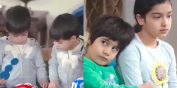 Ali e Umer brincando (à esquerda); Doruk e Nisan tristes (à direita) em Força de Mulher.