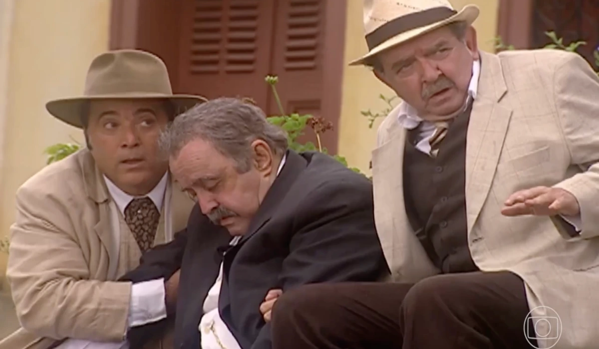 Tony Ramos (Boanerges), Justino (Mauro Mendonça) e Umberto Magnani (Chico Bento) em cena de Cabocla (Foto: Reprodução/TV Globo)