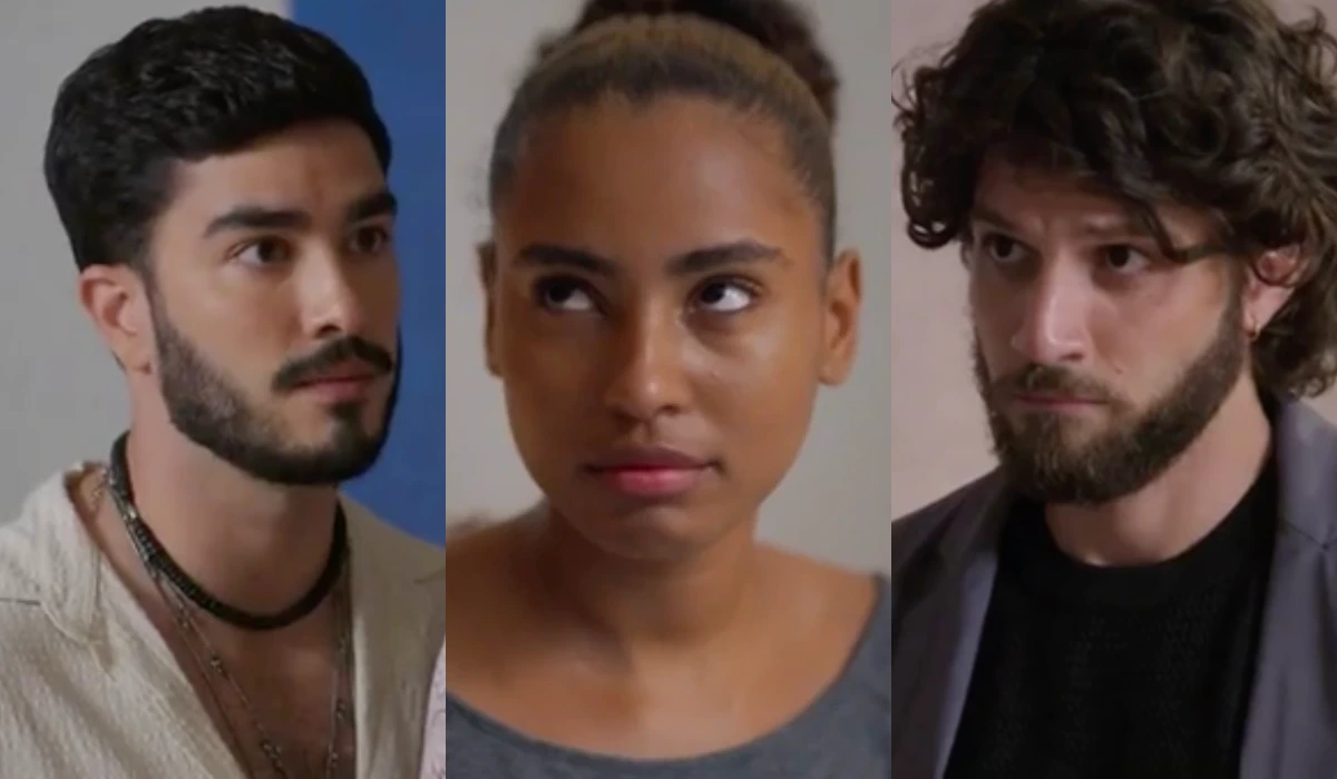 Rhodes (Leonardo Bittencourt), Viola (Gabz) e Mavi (Chay Suede) em Mania de Você (Foto: Reprodução/TV Globo)