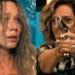 Isis assustada (à esquerda) e Berta com uma arma apontada para ela (à direita) em Mania de Você.